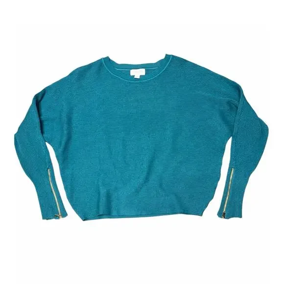 Carmen Marc Valvo Green Ribbed Batwing Knit Top with Zipper Detailing size M - Picture 2 of 9